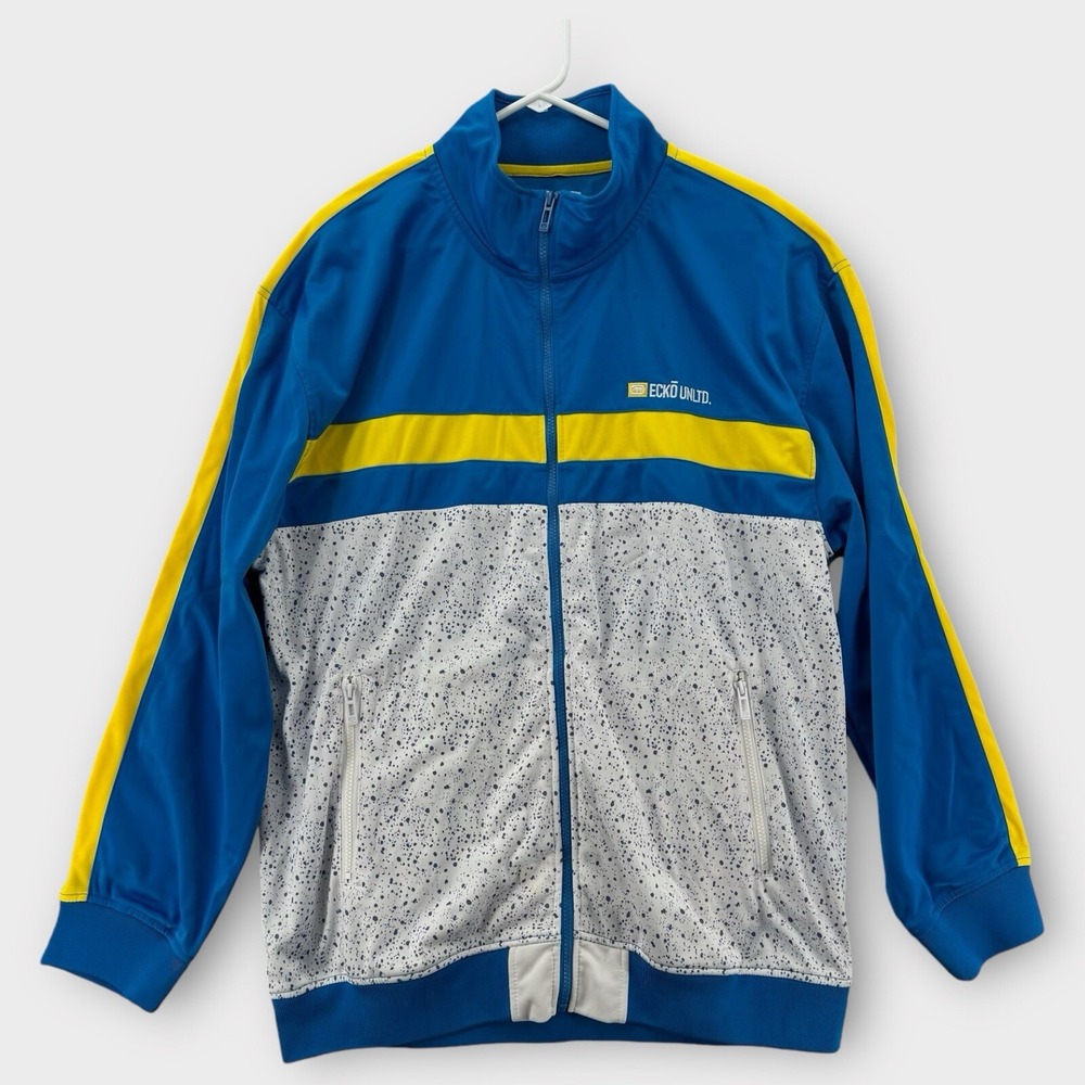 Ecko Unltd Mens XXL‎ Track Jacket Blue Yellow Speckled Polka Dot Zip Y2K Hip Hop
